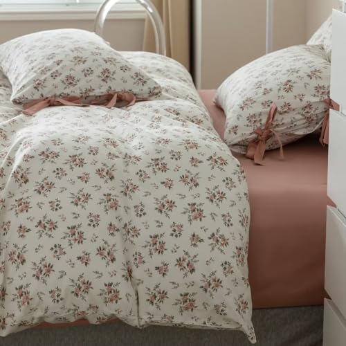 Image of MKXI Cute Bow Tie & Blush Pink Rose Flowers Stripes Duvet Cover Full Size Cotton Bedding Set with Zipper Ties - Vintage Country Floral Comforter Cover with 2 Pillowcases for Girls