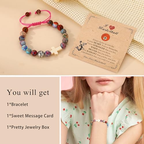 Image of Softball /Soccer /Volleyball /Basketball /Baseball /Football Sports Gifts for Girls Teens Natural Stone Beaded Cross Bracelets Christian Religious Game Day Jewelry Gift