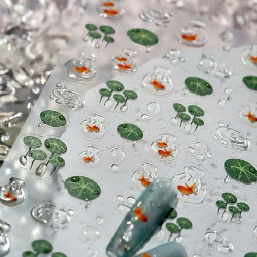 5D Embossed Goldfish Nail Stickers with Water Droplets Design Nail