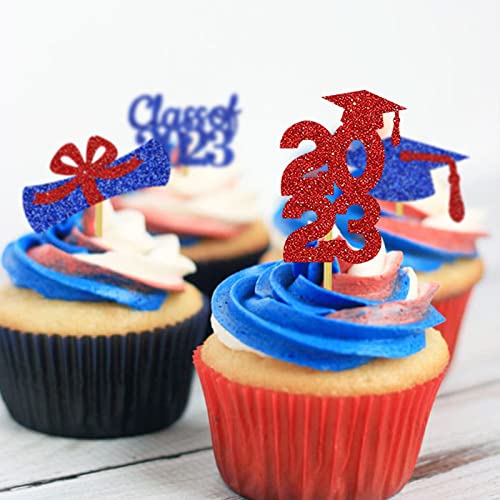Graduation Cake Topper Congrats Grad Cupcake Toppers Kindergarten High School College University Glitter Decoration Blue Red #TOP4