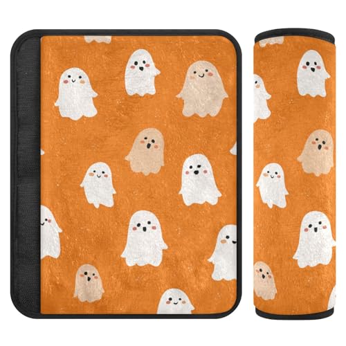 Image of 2 Pack Seatbelt Covers Seat Belt Cover Pad for Adults Boys Girls Car Seat Strap Covers Pads Cushion Universal Shoulder Strap Pad Protector for Backpack Camera Bag 10x7.7Inch Halloween Ghosts Orange