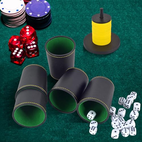 Schocken Set 5 würfelbecher Leder 25 Würfeln Schockbesteck Holz mit 14 Scheiben und Ständer Schockbesteck Set für Jule Meiern Maxen Mörkeln 10X10cm (gelb und schwarz)