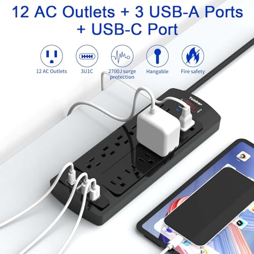 Image of Surge Protector Power Strip, Teiobar 12 Outlets and 4 USB Ports, 6 Feet Extension Cord for Home, Office, Dorm Essentials, 2700 Joules, ETL Listed, Black