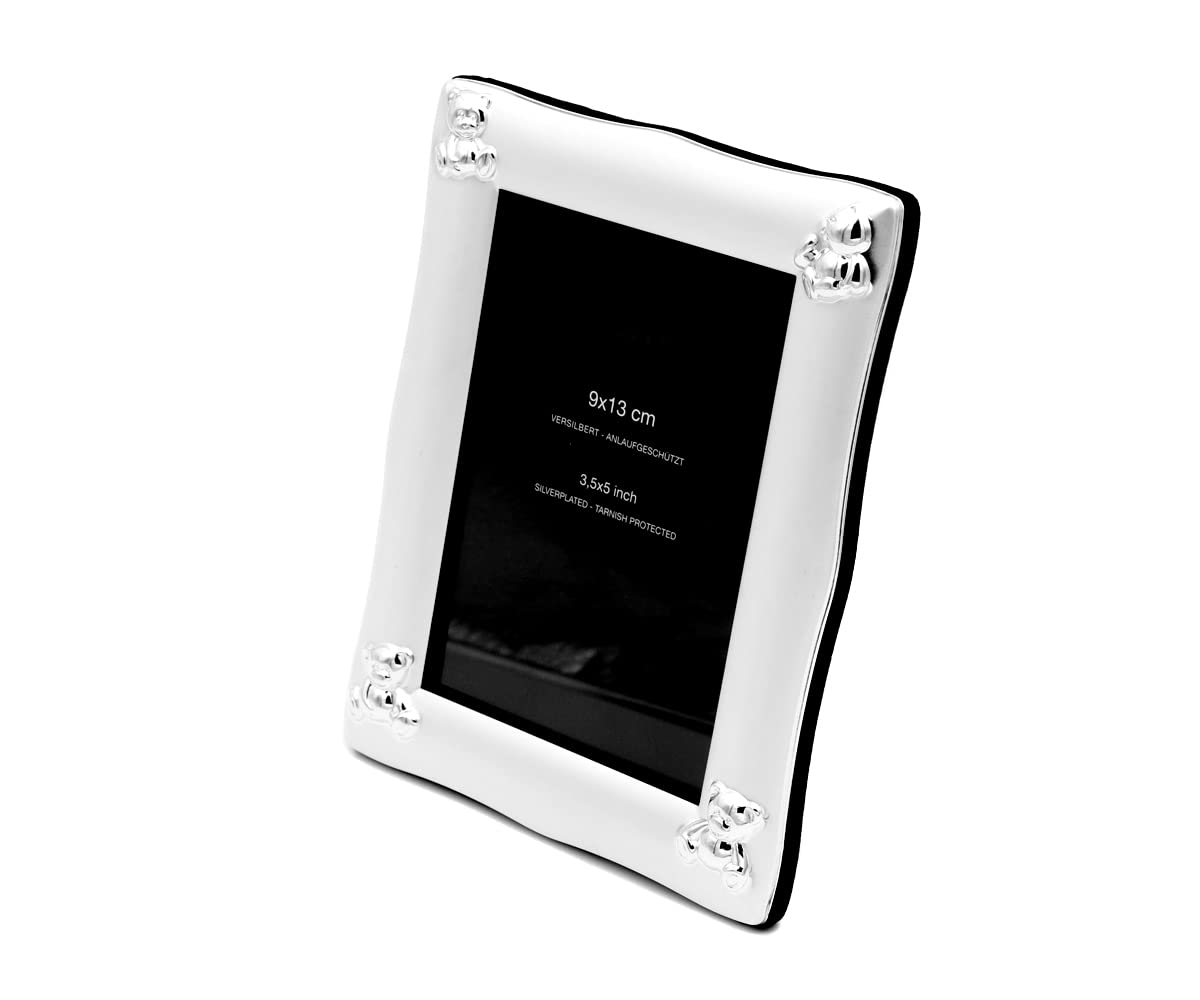 Design Baby Bilderrahmen versilbert Taufgeschenk Fotorahmen Bär Motiv Kinder Bilderrahmen zur Geburt Rahmen versilbert (Gravur bis 25 Zeichen)