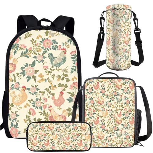 AmzPrint 4 In 1 Chicken Backpack Set For Girls Print Chicken Backpack And Lunch Box Pencil Bag Water Bottle Holder For School