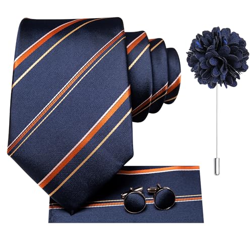 Image of Hi-Tie Men Silk Ties Set with Flower Lapel Pin Necktie Pocket Square Cufflinks for Tuxedo Wedding Business