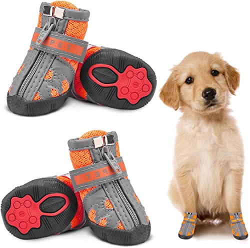Image of KUTKUT Shoes for Hot Pavement Hardwood Floor, Breathable Booties for Small Medium Dogs With Reflective & Adjustable Strap Zipper, Anti Slip Paw Protection Boots (Size: 5)