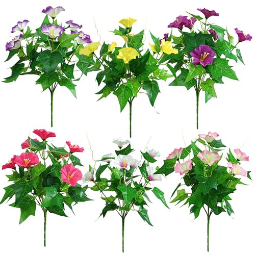 Artificial Flowers for Outdoor Indoor Spring Summer Decoration,Fake Plants Greenery Planter Porch Patio Yard Balcony 6 Bundles (Mix Pink Red Purple Yellow Whihte)