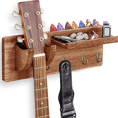 YILE Guitar Wall Mount, Wall Hanger, Guitar Holder, Guitar Hanging Rack with Pick Holder and 4 Hook for Electric Guitar, Acoustic Guitar, Bass Guitar, Guitar Accessories (Seal brown)