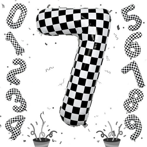Image of Number 7 Balloon for Boys, Giant Checkered Self Inflating Number 0-9 Set Decor for Girls, 40 Inch Foil Helium Black and White Racing 7 Balloon for 7th Birthday Race Car Flag Party Decoration Supplies
