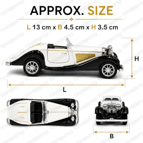 Image of 1:36 Scale Die-Cast Vintage Roadster Car Model, 13 cm Pull-Back Toy Car with Openable Doors, Rubber Tyres and Detailed Interior, Collectible Display Gift, White and Black