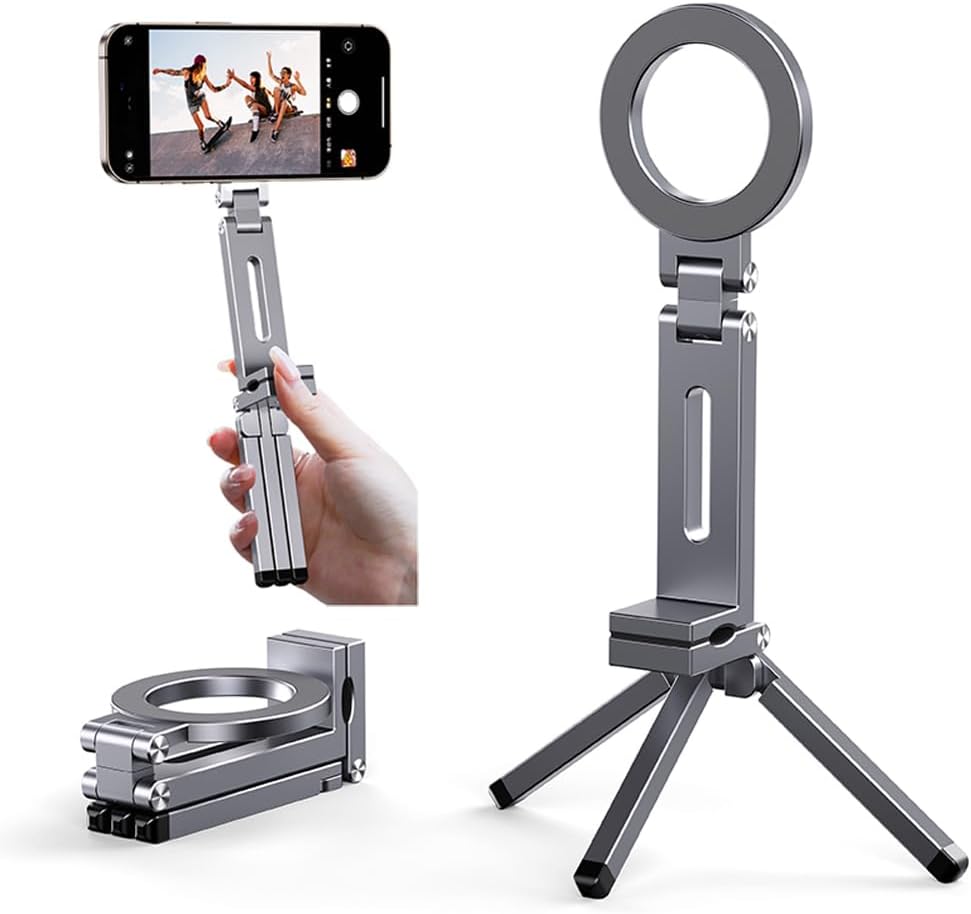 Magnetic Pocket Tripod for MagSafe,Foldable Multifunctional Phone Holder, Desk Stand,Portable Handheld Travel Photography Stand,with Universal Fit with Metal Ring (Silver)