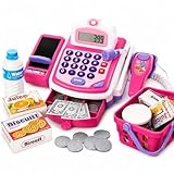 Prextex Grocery Store Pretend Play Electronic Toy Cash Register Set - STEM Cash Register for Kids with Microphone, Play Money, and Food Basket - Kids Checkout Toys with Scanner- Pink