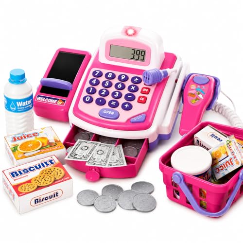 Prextex Grocery Store Pretend Play Electronic Toy Cash Register Set - STEM Cash Register for Kids with Microphone, Play Money, and Food Basket - Kids Checkout Toys with Scanner- Pink