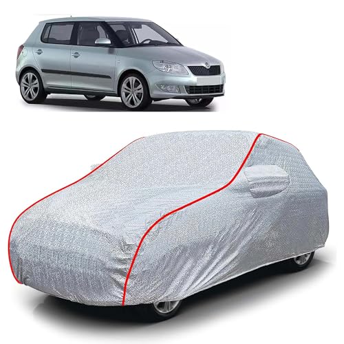 Image of Sulfar 100% Waterproof Car Body Cover Compatible with Mirror for Skoda Fabia (Triple Stitched, Full Bottom Elastic, Magic Silver with Red Piping)