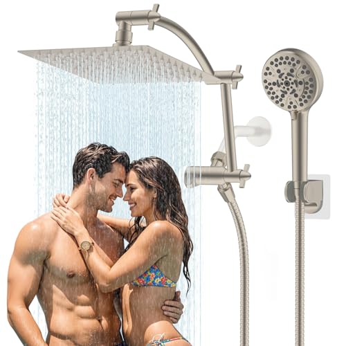 Hibbent All Metal cUPC Certified Shower Head, 8'' High Pressure Rain Shower Head, Handheld Showerhead Combo with 16'' Adjustable Extension Arm, 10 Sprays, 71'' Hose, Showerhead Holder, Brush