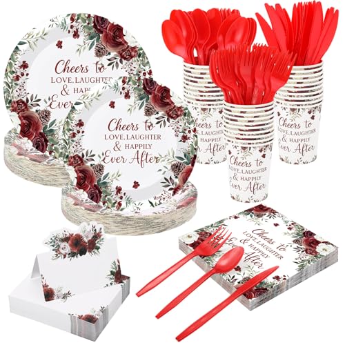 Shellwei 410 Pcs Rose Floral Wedding Paper Plates and Napkins Disposable Cheers to Love Tableware Set Red Floral Bridal Shower Party Supplies with Cups Knives Forks Spoons Seat Cards for 50 Guests