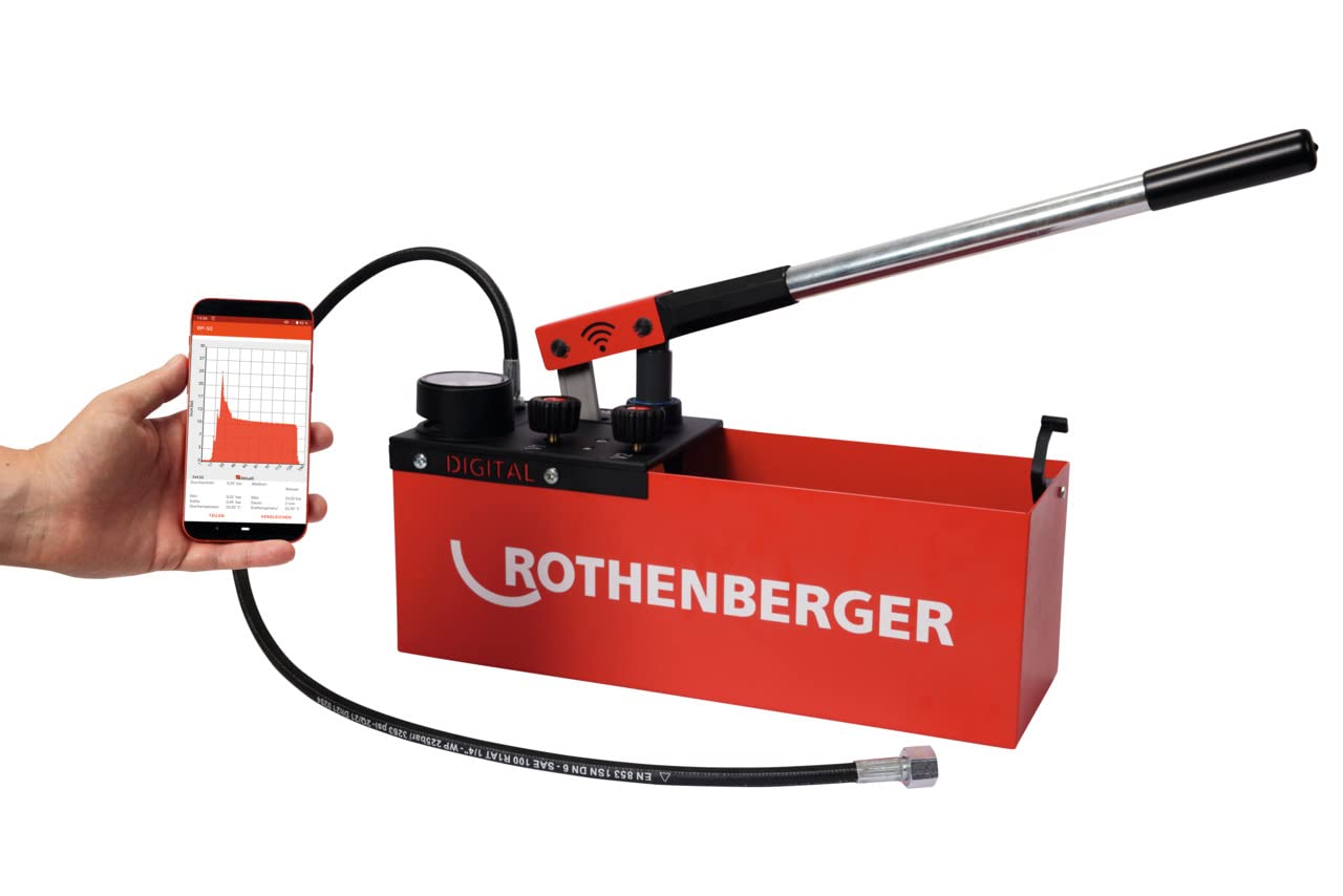 ROTHENBERGER RP 50 Bomba de prueba de presión de agua digital, 0 ° – 50 °C, rango de prueba de 0 – 30 bar, 1000004000 | Bomba para presión de agua, tecnología de prueba, pruebas de presión