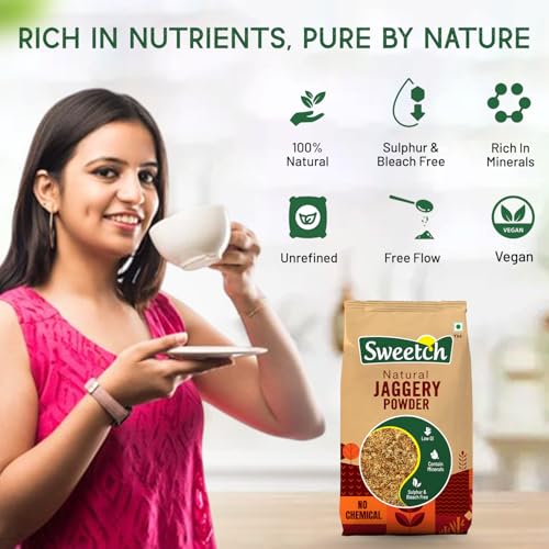 Image of Sweetch Natural Cane Jaggery Powder 1kg | Natural Sweetener | Refined Sugar Alternative contain Minerals, No Chemical, Sulphur & Bleach Free | Gur, Gud Powder for Baking & Cooking (Pack of 2)