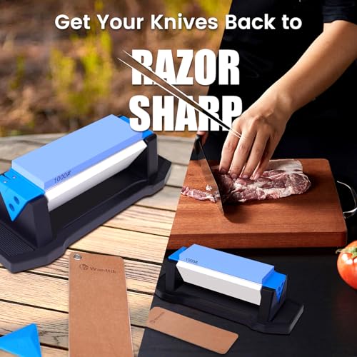 Image of 3-Sided Sharpening Stone Kit, 400 /1000 /5000 Grit Knife Sharpening Stone with Leather Strop, Angle Guide & Non-Slip Base, Professional Whetstone Knife Sharpener for Kitchen Knives, Scissors