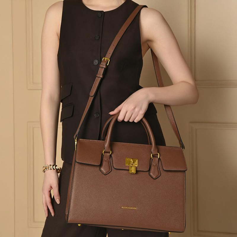 Image of Accessorize London Women's Brown Empress Handheld Structured Top Handle | Premium Handbag