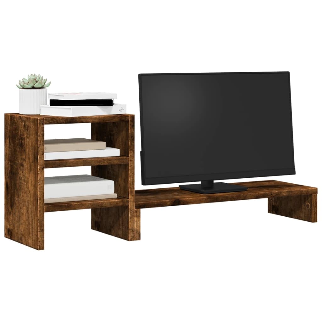 Mangloder - Supporto per monitor con organizer da scrivania, in legno di rovere affumicato, stabile supporto da tavolo per lavoro ergonomico in casa, con ampio spazio di archiviazione per articoli da