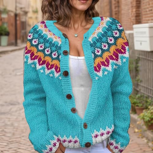 Akivide Women's Fair Isle Floral Print Knit Cardigan Sweater Fall Winter Vintage Button Down Colorful Open Front Jacket Coat2