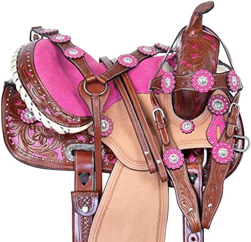 Western Saddle Barrel Dd Leather Horse Riding Rope Ranch Racing Trail Full Handed Tooled Brown And Pink Suede Seat By Prohub (16") #TOP25