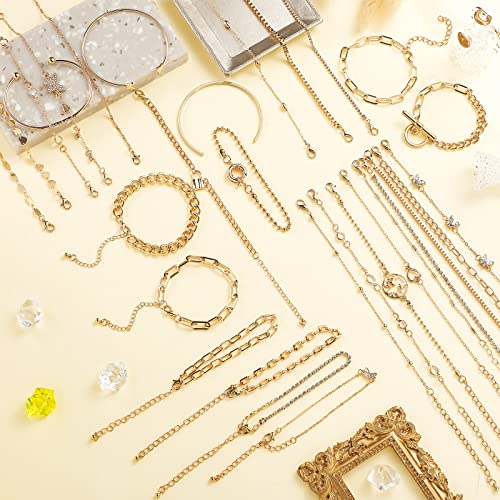 30 Pcs (6 Pack) Gold Chain Bracelet Sets For Women Girls Gold Plated Dainty Link Paperclip Cuff Wrap Bangle Adjustable Layered Metal Link Chain Bracelets Stackable Handmade Trendy Cuban Jewelry #TOP6