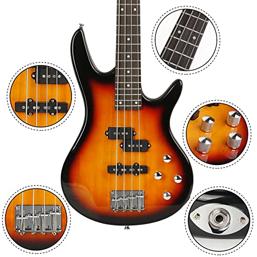 Electric Bass Guitar 4 Strings Full Size P Bass Beginner Kit Black for Starter with Gig Bag, Guitar Strap, and Guitar Cable (Sun)