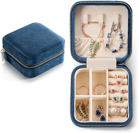 Plush Velvet Travel Jewelry Case, Mini Jewelry Box, Small Jewelry Organizer Portable Display Jewelry Storage Case for Rings Earrings Necklace Bracelet Bangle,Gifts for Girls Women VOMNA (Dark Blue) 1 Pack