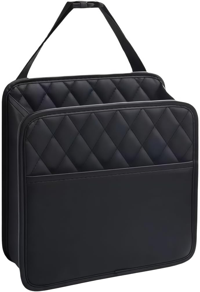GGCLIMAX Multi Functional Car Seat Back Organizer Quilted Leather Storage Bag with Adjustable Hooks Universal Fit for Most Vehicles Trunk/Interior Organizer(1pc Black)