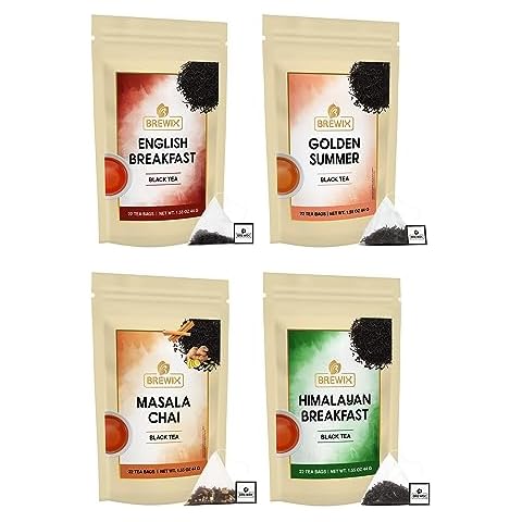 BREWIX, Assorted Classic Black Teas (88 Pyramid Tea Bags) | 4 Variety Long Leaf Black Tea Bags, Packed in Resealable Ziplock Pouch | Variety Pack Sampler | Assorted Tea Sampler | Breakfast Tea | Hot Tea | Loose Leaf Tea Sampler | Tea Bags Variety Pack | Assorted Tea Variety Pack Cover