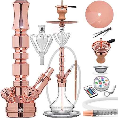DILAW® TRIPHAN Shisha Edelstahl Rosé Gold V2A 66cm Hookah Medium LED Licht | Wasserpfeife Kaminkopf Komplettset Molassefänger Base Closed Chamber 4 Anschlüssen Silikonschlauch Alumundstück Tabakkopf Cover