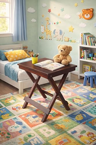 Image of fplus Teak Wood Mini Folding Table 15x15x18 Inches | Compact Foldable Stool-Table for Kids & Balcony