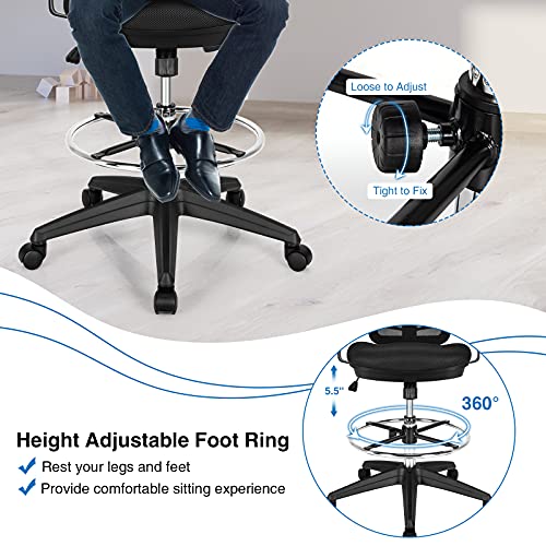 Giantex Drafting Chair Mid Back Office Chairs With Footrest Ring Adjustable Armrest & Height Executive Desk Chair 360 Swivel Ergonomic Mesh Computer Task Chair Lumbar Support (2, Black) #TOP5