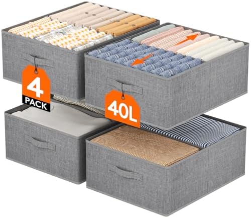 Lifewit 4 Stück Schrank Organizer Kleiderschrank mit Griff, 50 x 40 x 20 cm | Faltbarer Kleider Aufbewahrungsboxen mit EntfernbareTrennwand, Stoff Ordnungsboxen für Kleidung, Hosen