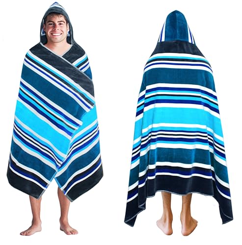 COTTON CRAFT Hooded Beach Towel – Oversized 39 x 68 Towel with Hood for Adults - 100% Ringspun Cotton Velour Terry Towel Stripe Bath Wrap - Super Soft Plush Absorbent Quick Dry – 450 GSM – Cancun Blue