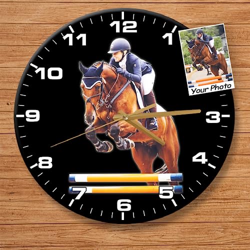Kool-Kool Personalized Photo Jump Horse Racing Horse Riding Wall Clock for Horse Lovers, 12 Inch MFD Acrylic Clock, Equestrian Decor, Horse Riding Decor, Barrel Racing, Harness Racing (Wall Clock1)