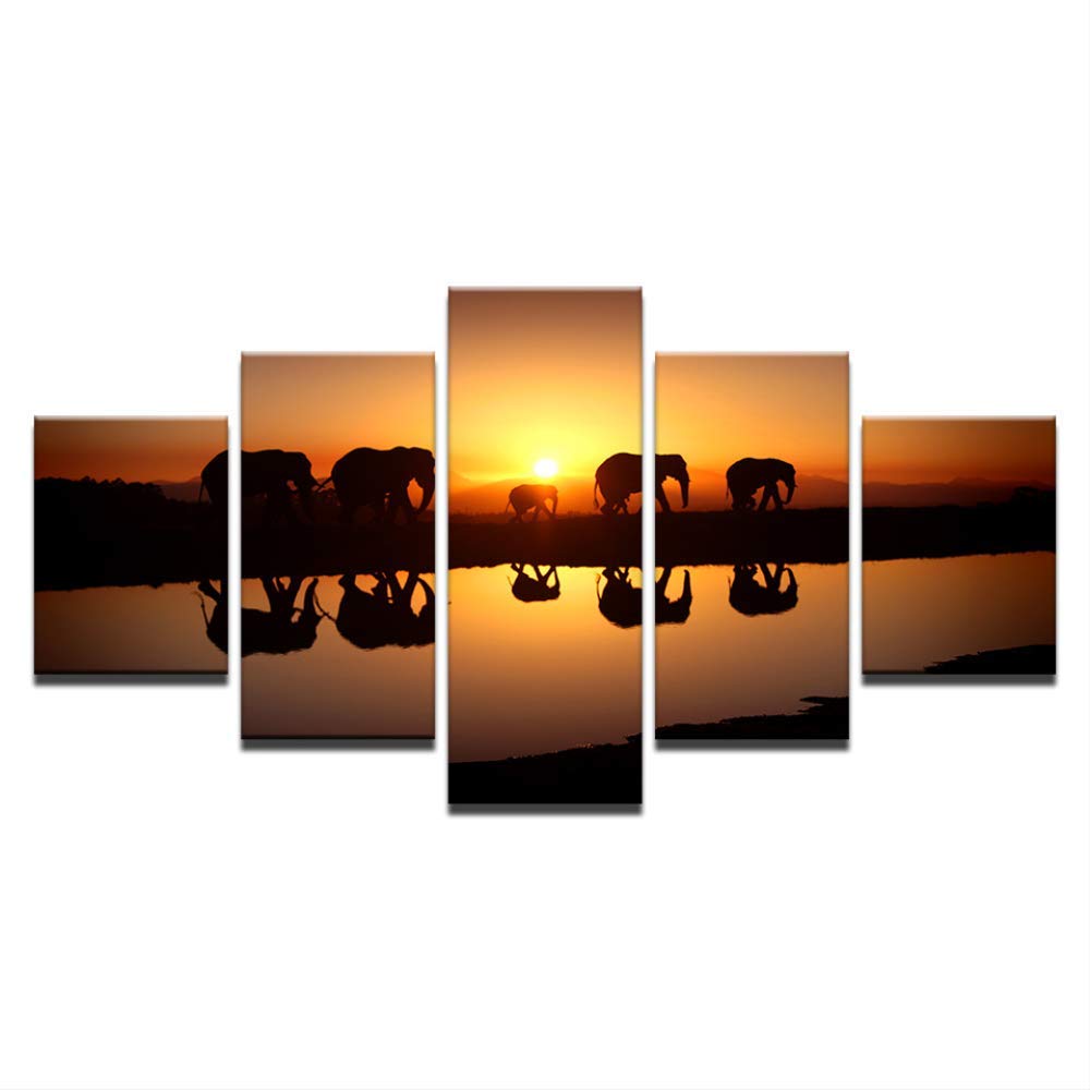 Peinture Éléphant Crépuscule grand format 5 panneaux pour décoration murale chambre et salon