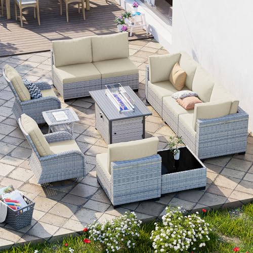Image of 11-Piece Patio Furniture Set, Outdoor Patio Furniture with 55,000 BTU Fire Pit Table, Swivel Chairs Set, Thick Cushions, Modular Patio Sofa, Dual-Strand Wicker Rattan, Rust-Resistant Frame, Ivory