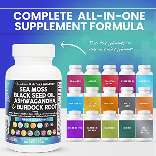 Sea Moss 3000Mg Black Seed Oil 2000Mg Ashwagandha 1000Mg Turmeric 1000Mg Bladderwrack 1000Mg Burdock 1000Mg & Vitamin C Vitamin D3 With Elderberry Manuka Dandelion Yellow Dock Iodine Chlorophyll Acv #TOP3