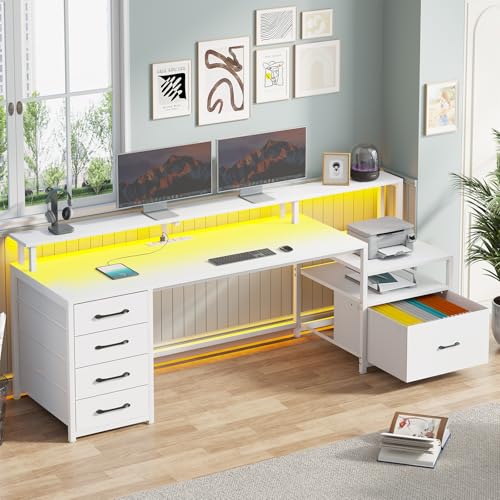Image of SEDETA White Computer Desk with 5 Drawer & Power Outlet, 66'' Home Office Desk with File Drawer, Storage Shelves, Printer Cabinet and Monitor Shelf, Gaming Desk with Led Lights