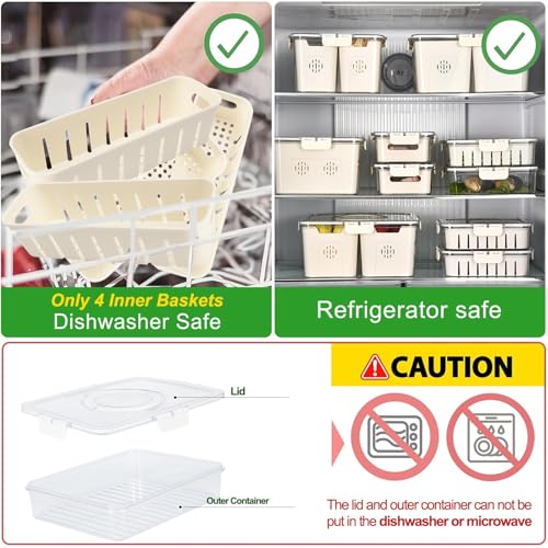 Salad Bar Containers for Fridge with Lid and Handle, Fruit Storage Containers with 4 Removable Colanders, Berry Box Fres - Additional View
