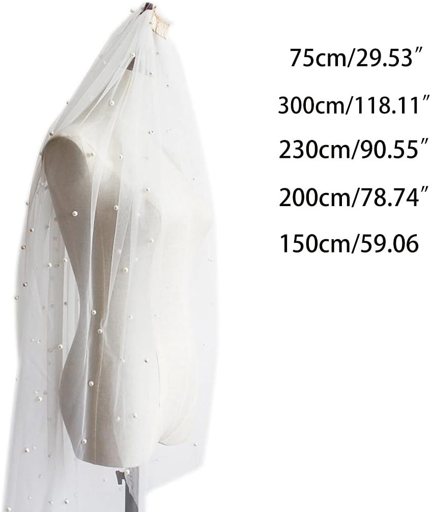 Wedding Bridal Veil With Metal Comb Cut Bride Hair Accessories Single Layer Sheer Pearls Tulle 30" 59" 79" 91" 118"