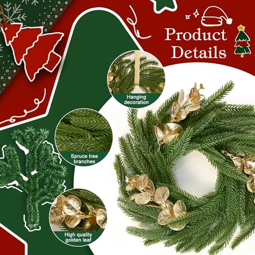 16 Pcs Norfolk Pine Christmas Candle Rings with Gold Leaves, Artificial Evergreen Candle Ring Holder for Table Centerpieces, Mini Wreaths for Pillar Candles Cabinets Kitchen Wedding Christmas Decor by ElasignShopo - Image 3