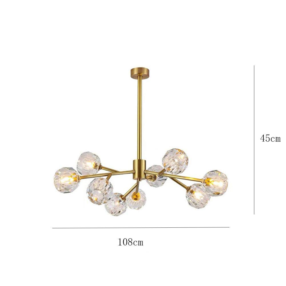 Lustre Sputnik élégant en Laiton avec Boules de Cristal, plafonnier Semi-encastré, Compatible avec Cuisine, Salle à Manger et Salon (9 têtes)