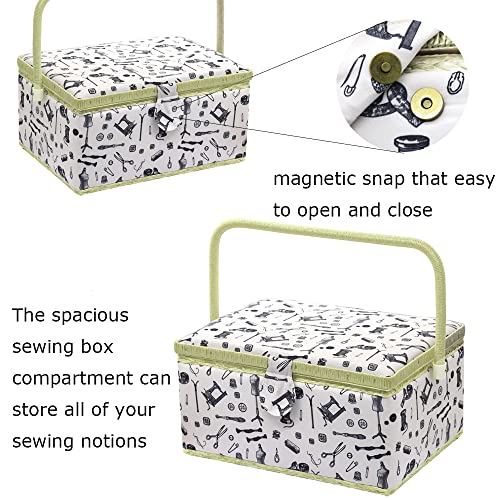 Notionsland Large Sewing Basket Storage Box With Removable Tray, Built-In Pin Cushion And Interior Pocket(White, Black Pattern) #TOP3