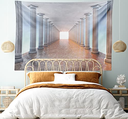 Lunarable Vintage Tapestry Twin Size, Corridor With Columns Marble Floor Old Library Classic Government Buildings Vintage Deco, Wall Hanging Bedspread Bed Cover Wall Decor, Twin Size, Amber #TOP4