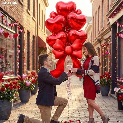 Image of KatchOn Red Heart & Bow Foil Balloons Set, Pack of 9 | Valentines Day Decorations Party | Heart Shaped Balloons Red Bow Balloons | Valentine Decorations | Valentines Day Balloons